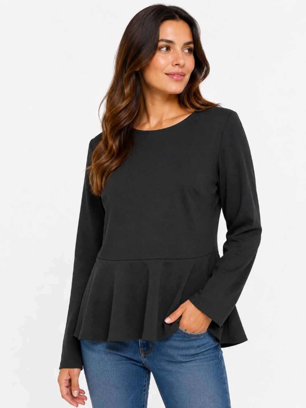 Girl With Curves Black Peplum Long Sleeve Stretch Top XS